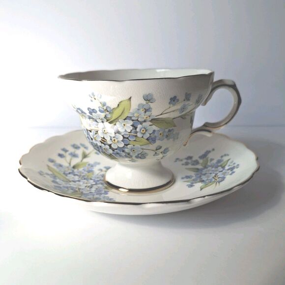 Vintage Rosina Tea Cup Saucer Forget Me Nots Gold Trim Bone China England Crown - Picture 1 of 9